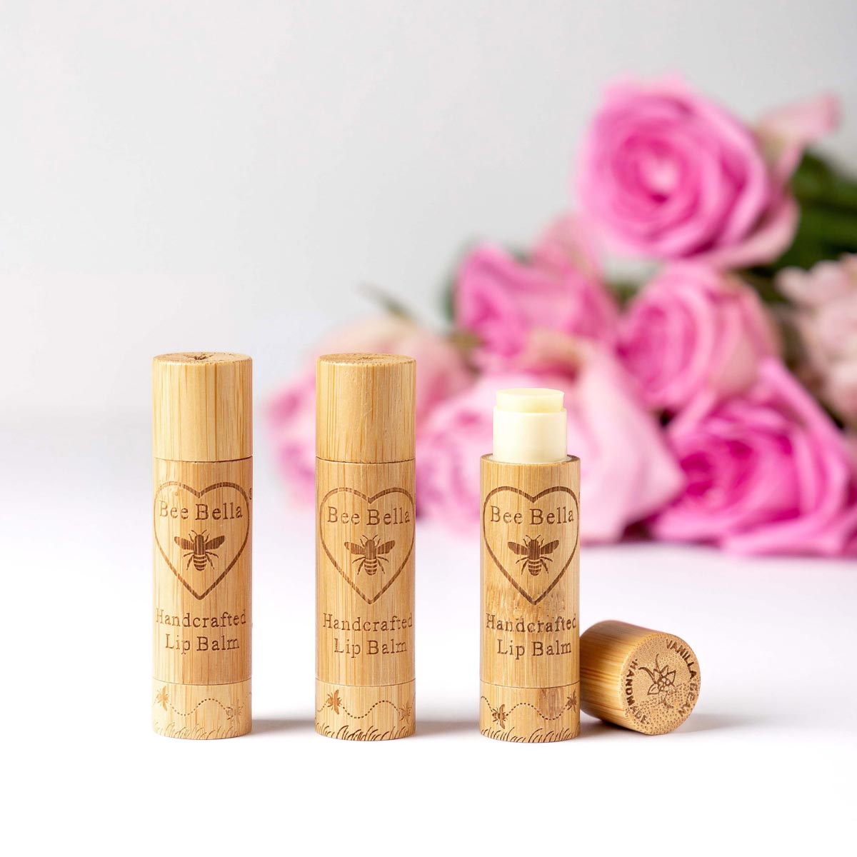 Creative cosmetics product photograph featuring Bee Bella lip balm and natural ingredients 6