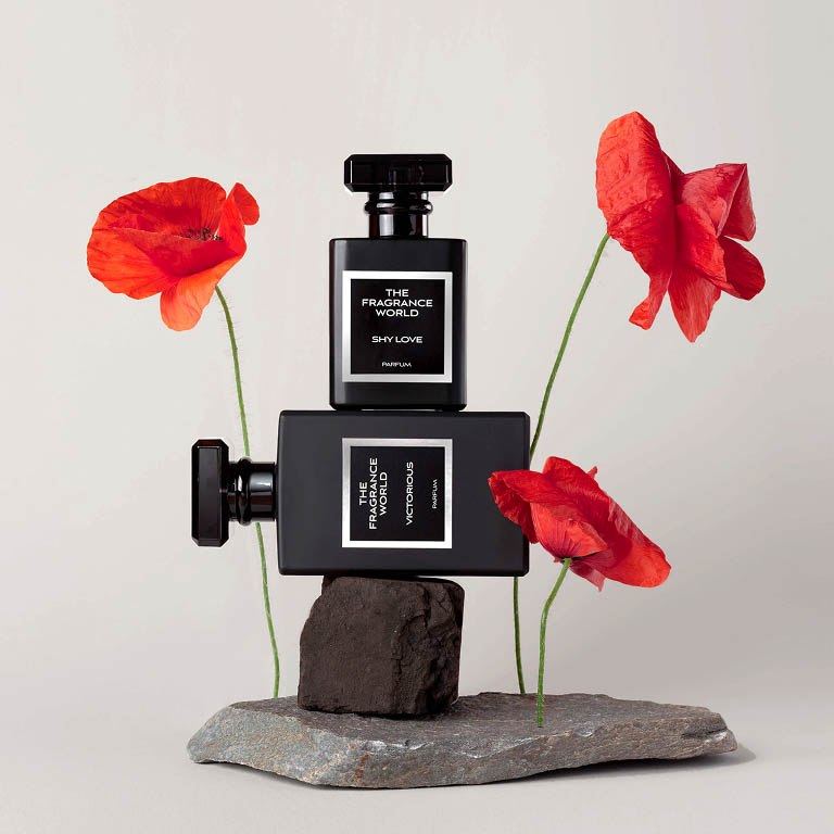 perfume bottle and packaging photographed as a complete product set 2